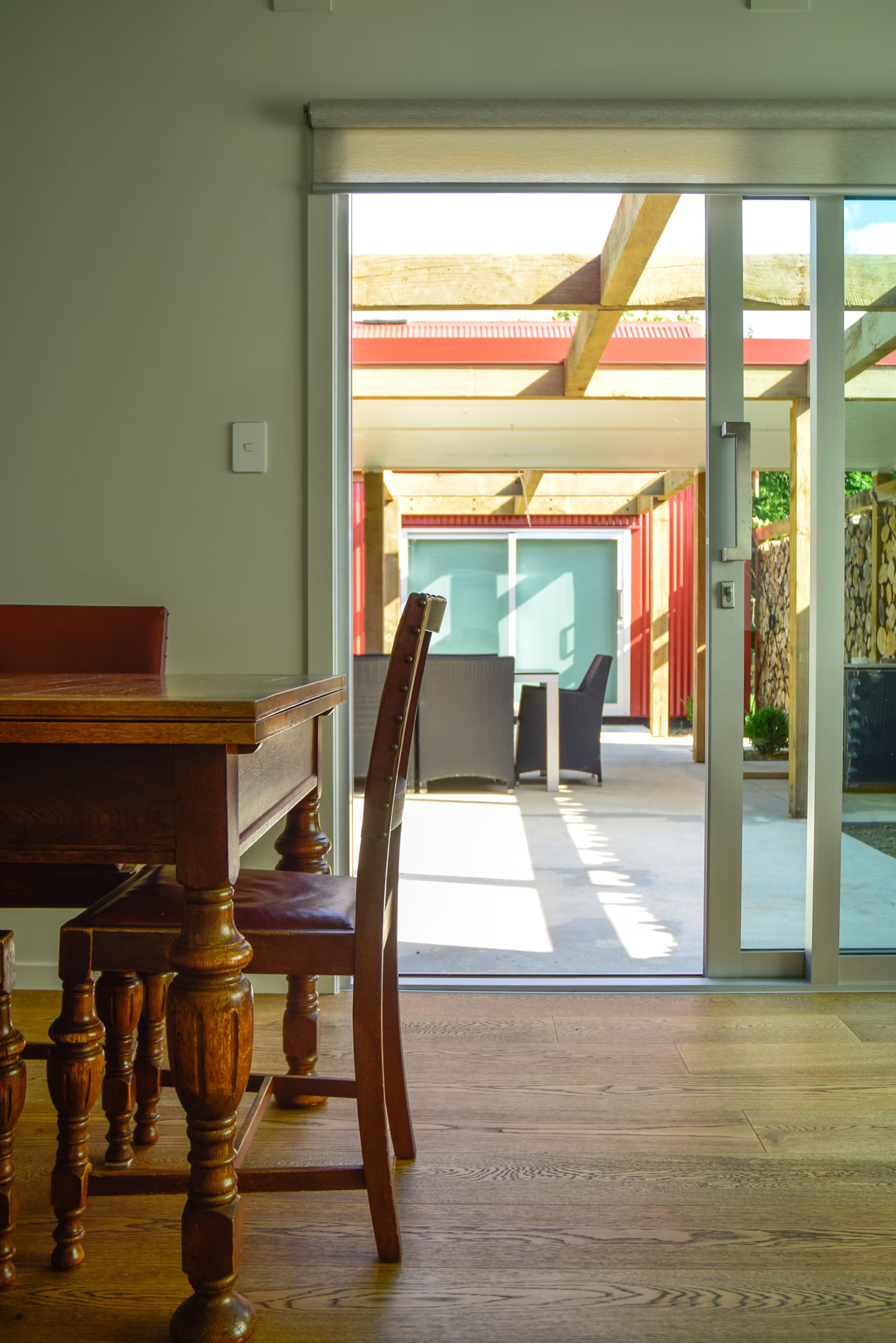 The covered terrace and timber table